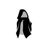 Black silhouette of a hooded figure on a white background